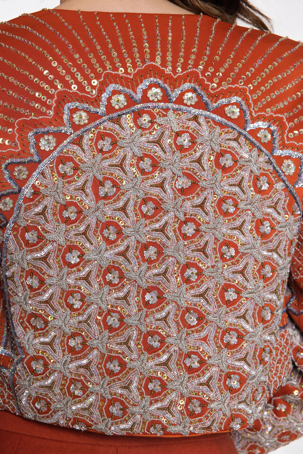 Rust Crop Jacket With Rust Denim Flared Pant-Jacket-Siddhartha Bansal
