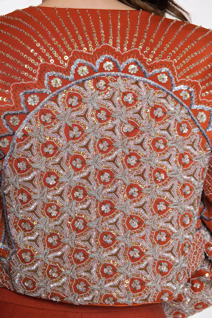 Rust Crop Jacket With Rust Denim Flared Pant-Jacket-Siddhartha Bansal