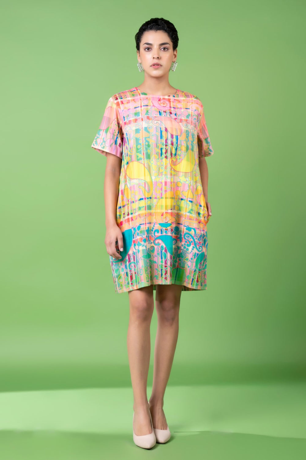 Check And Paisley Embroidered Dress-Siddhartha Bansal