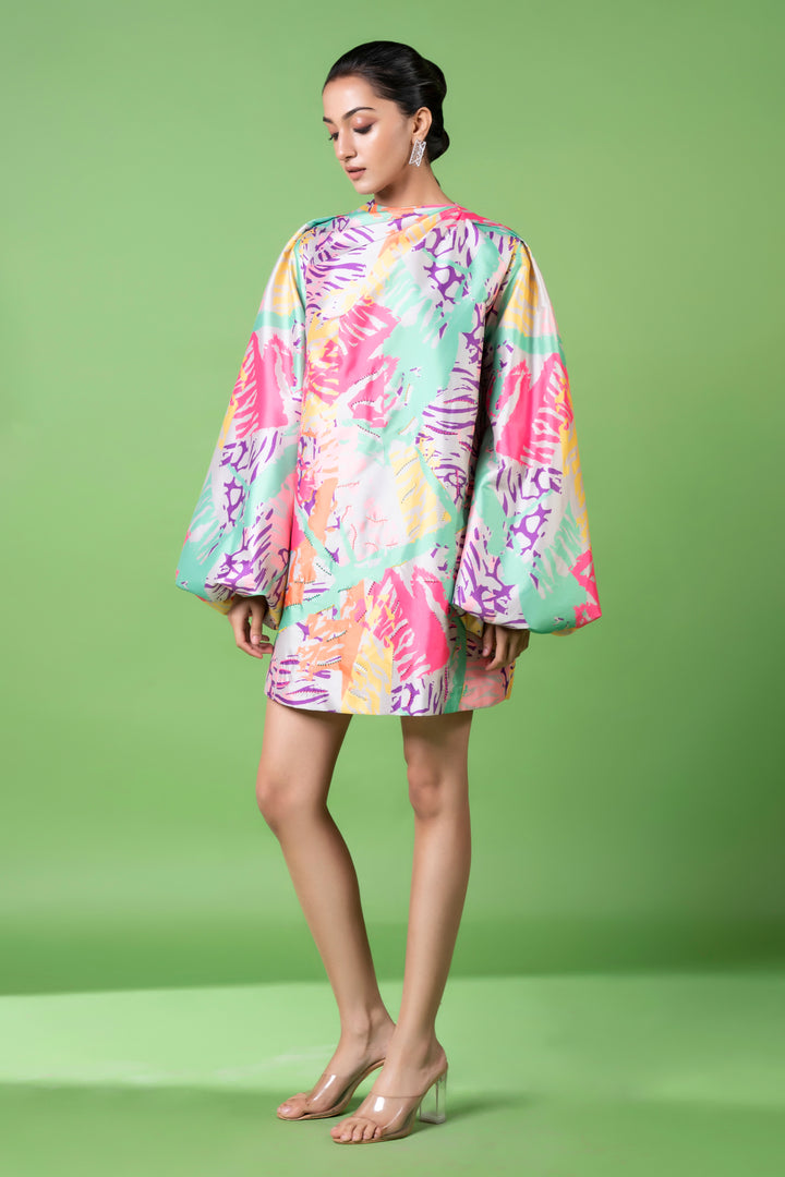 Neon Animal Skin Print Embroidered Twisted Short Dress-Siddhartha Bansal