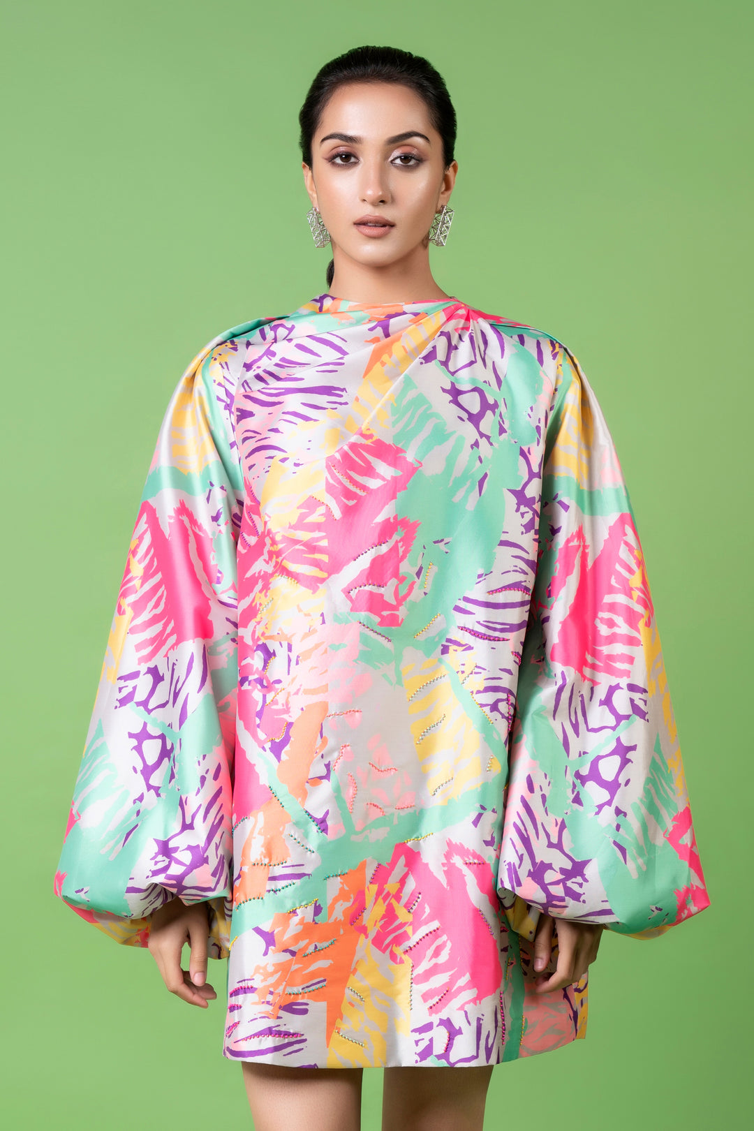 Neon Animal Skin Print Embroidered Twisted Short Dress-Siddhartha Bansal