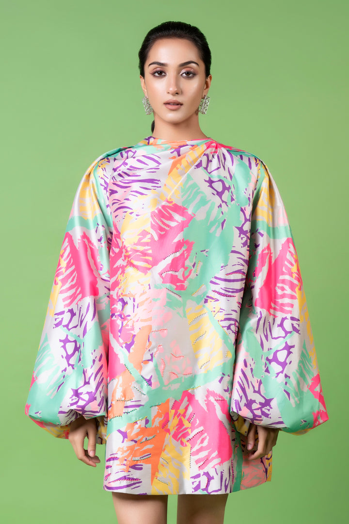 Neon Animal Skin Print Embroidered Twisted Short Dress-Siddhartha Bansal
