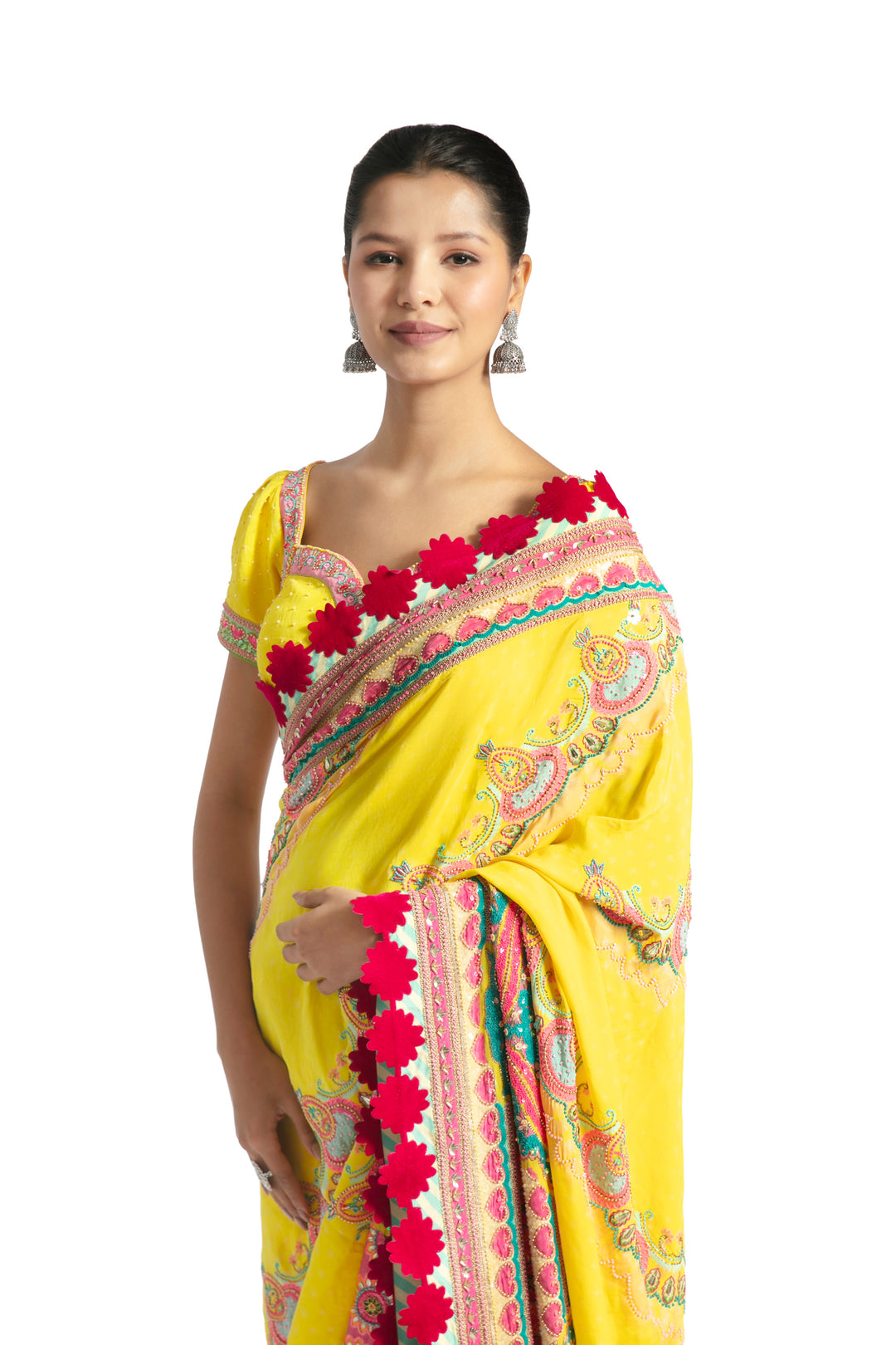 YELLOW MULTI BORDER EMBROIDERED SAREE SET-Saree, Indian Wear-Siddhartha Bansal