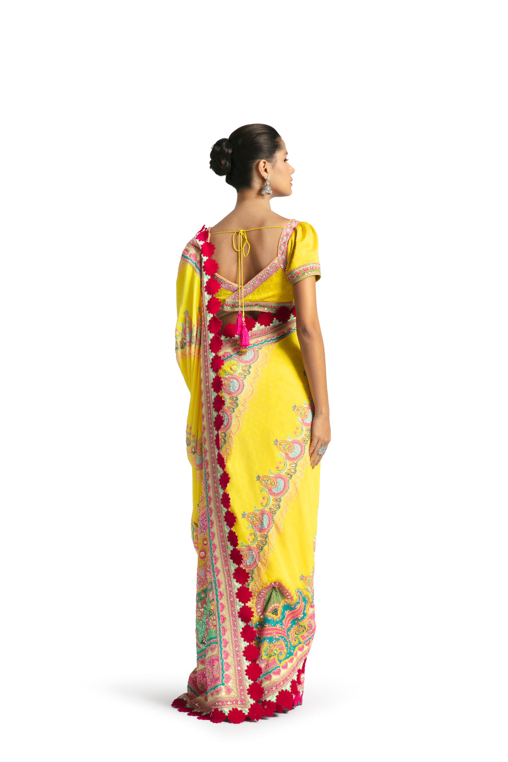 YELLOW MULTI BORDER EMBROIDERED SAREE SET-Saree, Indian Wear-Siddhartha Bansal