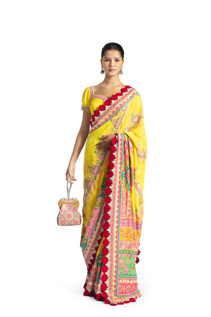 YELLOW MULTI BORDER EMBROIDERED SAREE SET-Saree, Indian Wear-Siddhartha Bansal