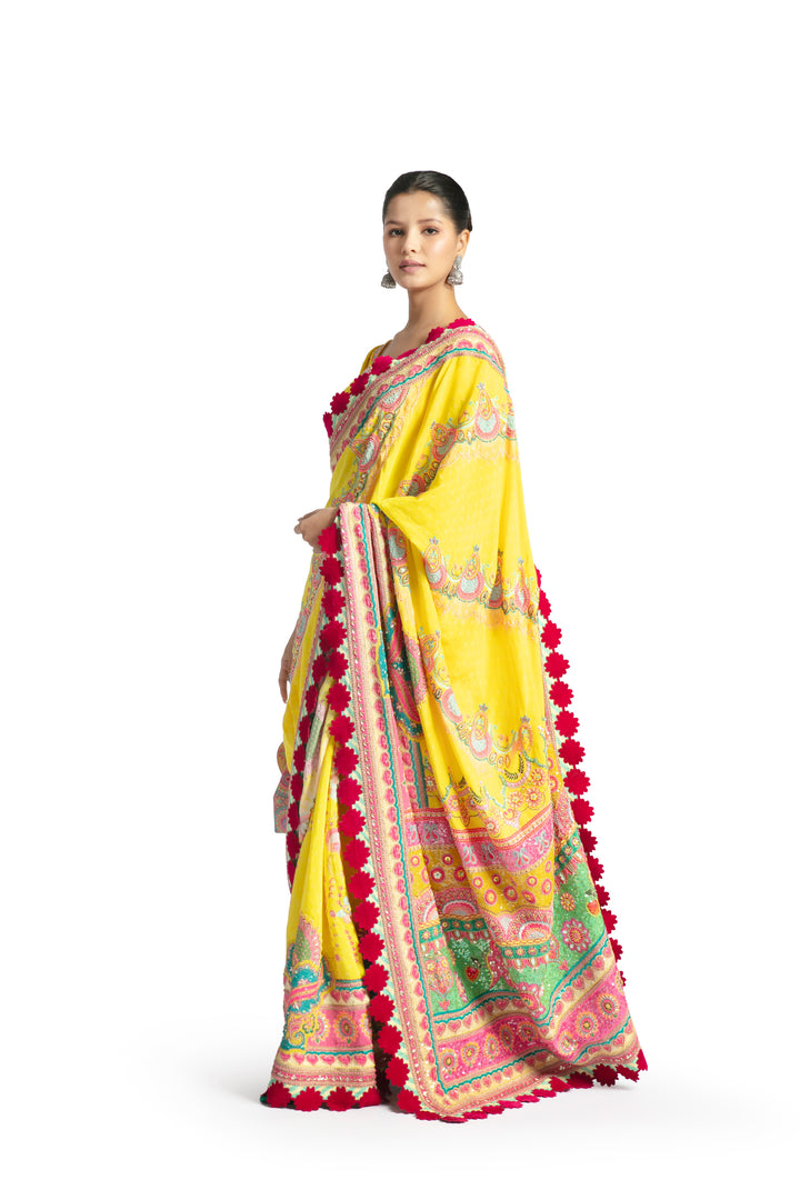 YELLOW MULTI BORDER EMBROIDERED SAREE SET-Saree, Indian Wear-Siddhartha Bansal