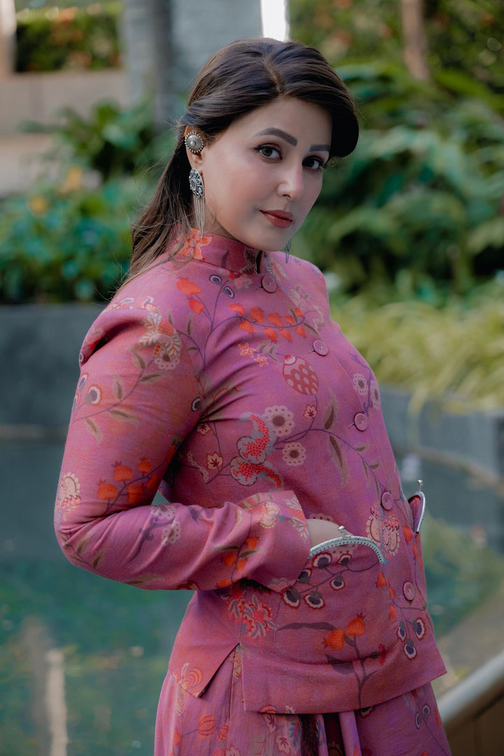 Heena Khan in Pink Bandh Gala Jacket With Bubble Skirt