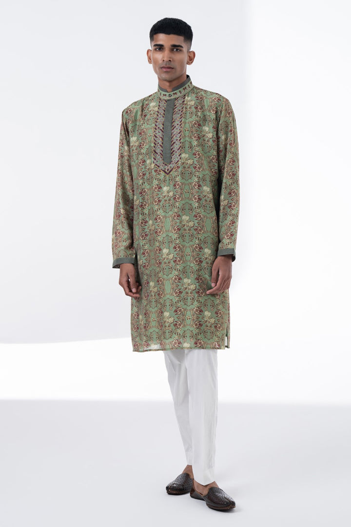 Olive Green Royal Chintz Embroidered Kurta Set-Siddhartha Bansal
