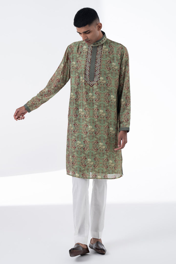Olive Green Royal Chintz Embroidered Kurta Set-Siddhartha Bansal