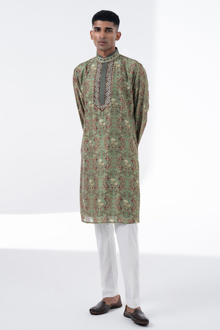 Olive Green Royal Chintz Embroidered Kurta Set-Siddhartha Bansal