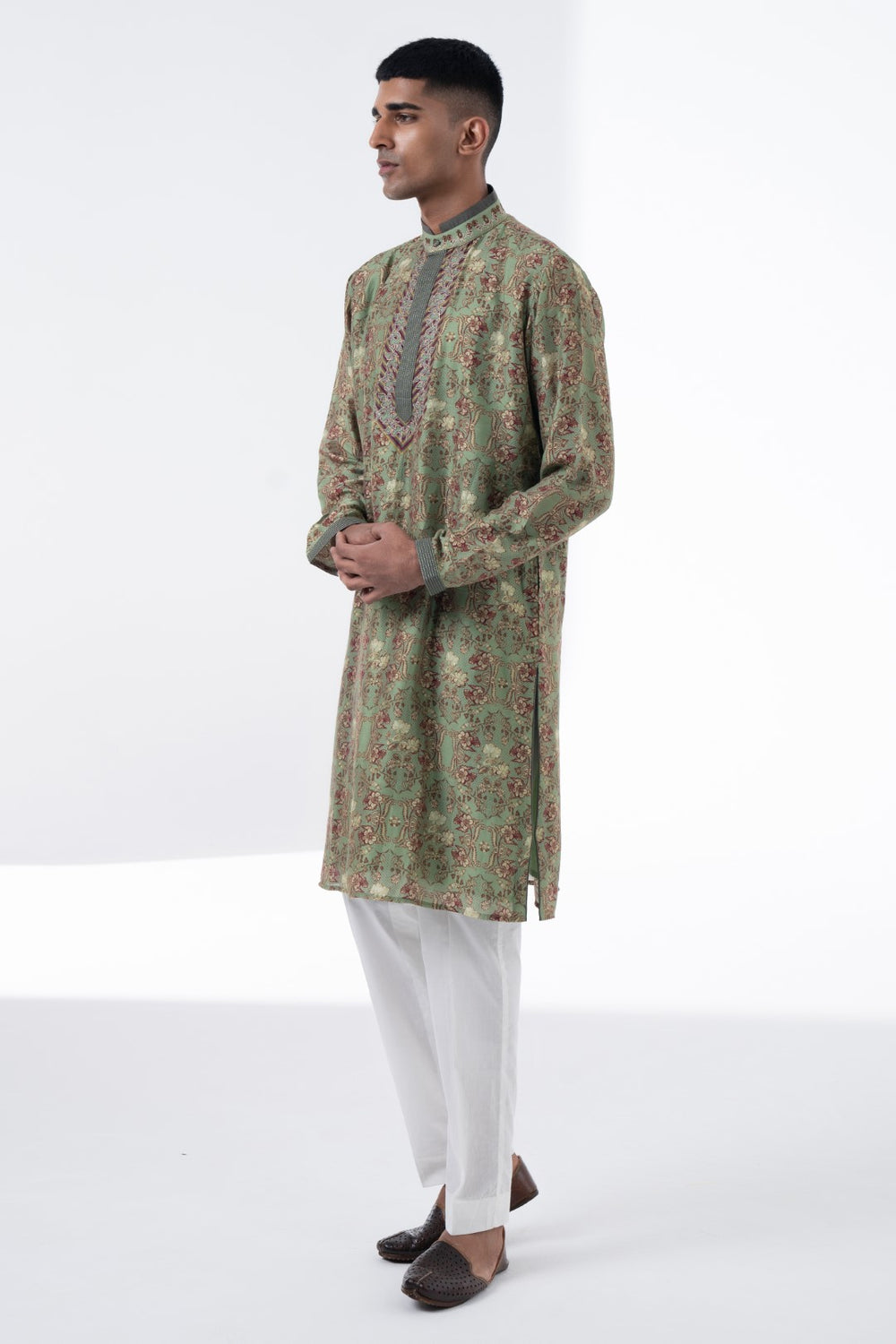 Olive Green Royal Chintz Embroidered Kurta Set-Siddhartha Bansal