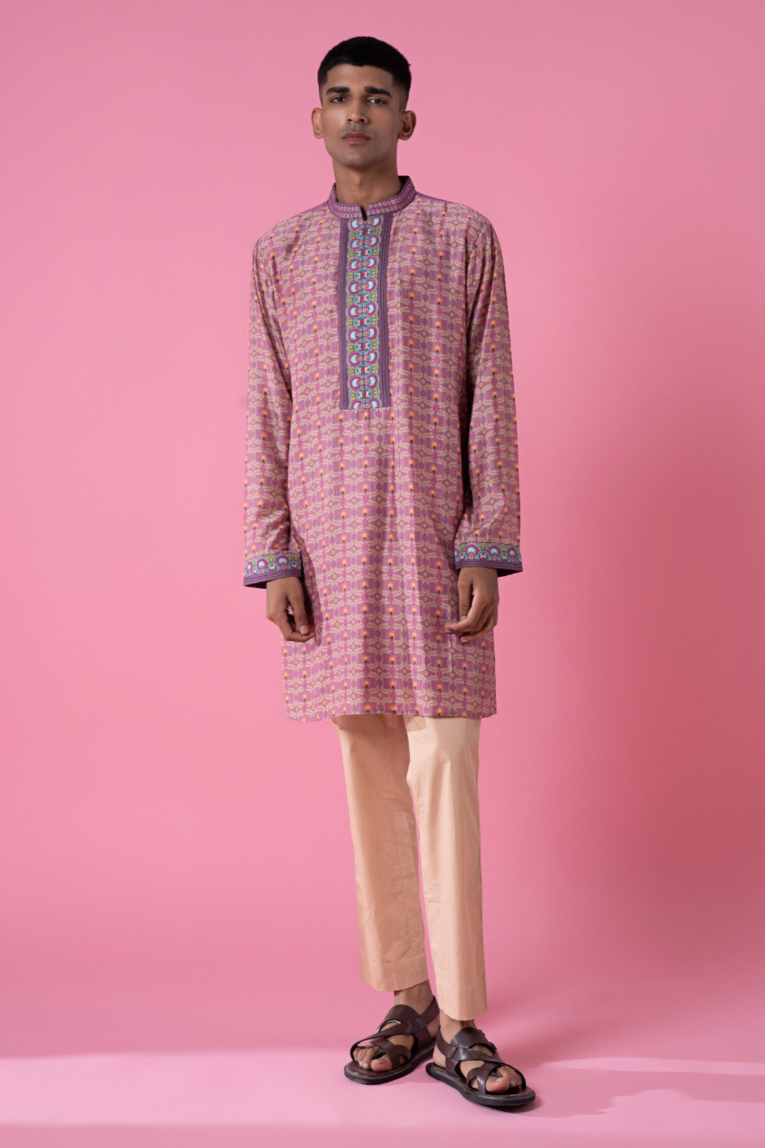 Lilac Printed Running Motifs Embroidered Kurta Set-Siddhartha Bansal