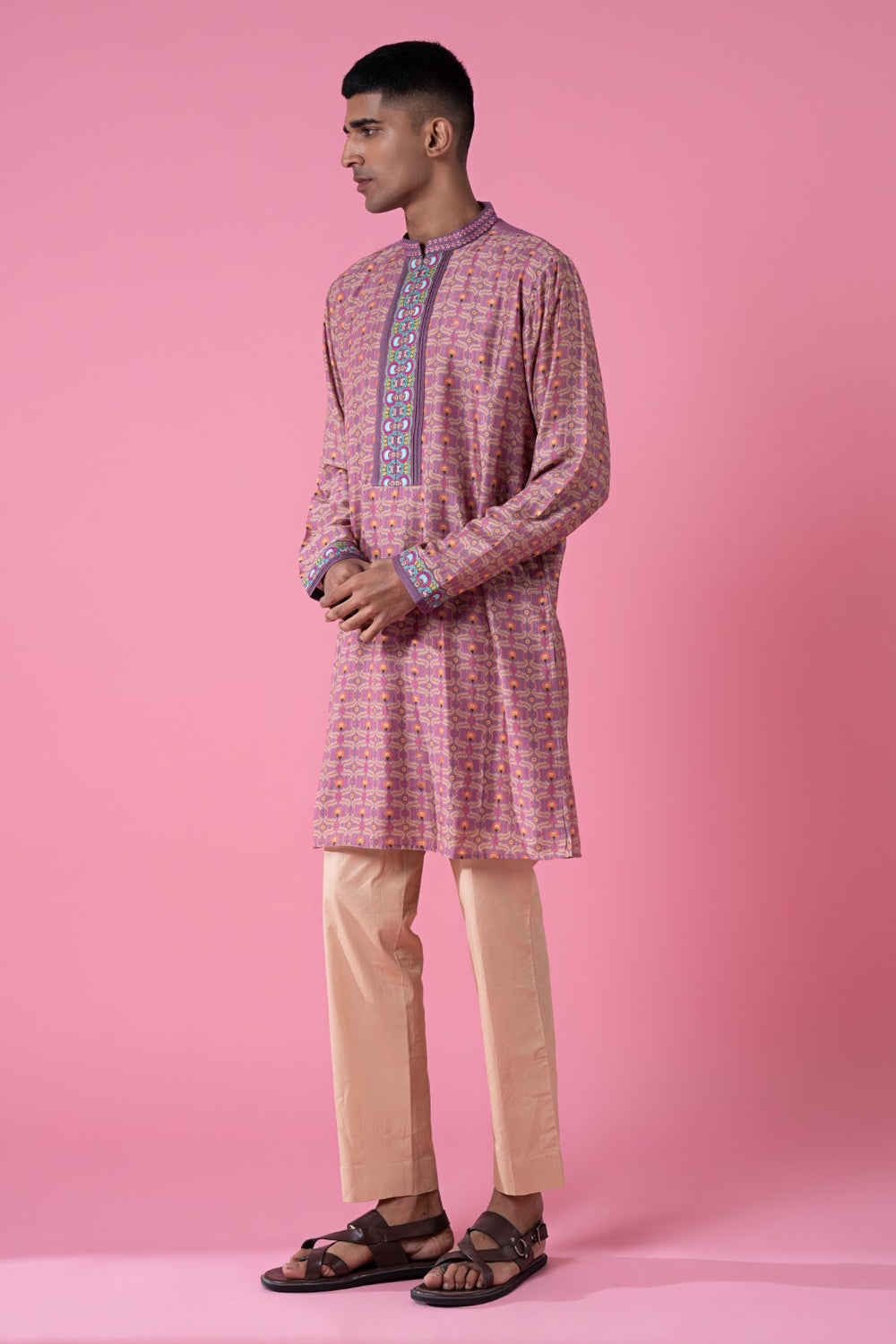 Lilac Printed Running Motifs Embroidered Kurta Set-Siddhartha Bansal
