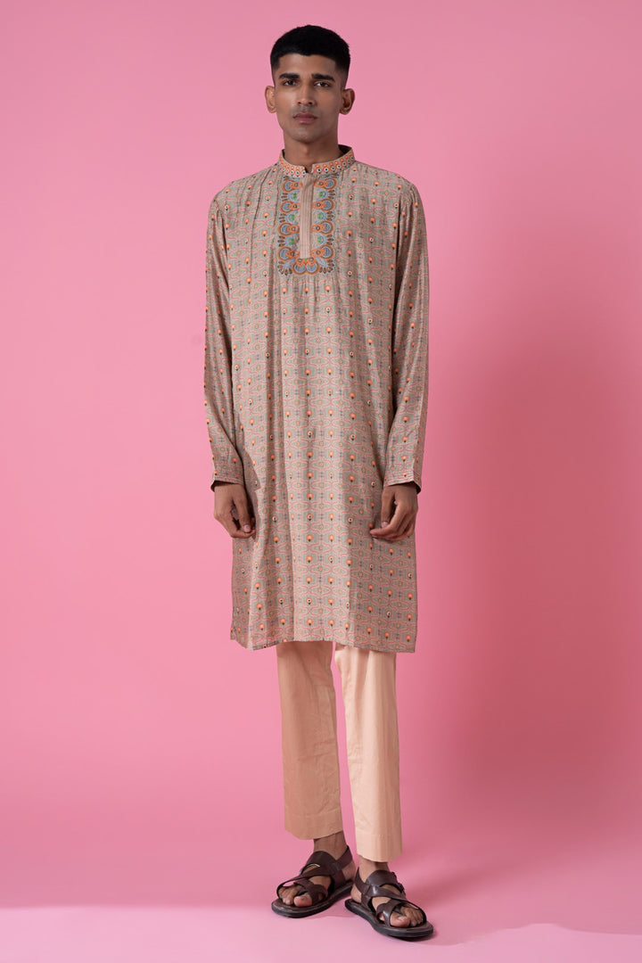 Country Side Beige Running Motif Embroidered Kurta-Siddhartha Bansal