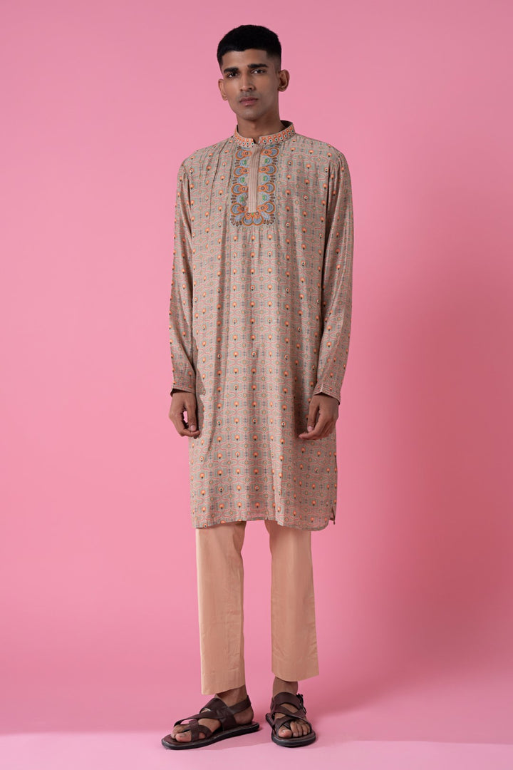 Country Side Beige Running Motif Embroidered Kurta-Siddhartha Bansal