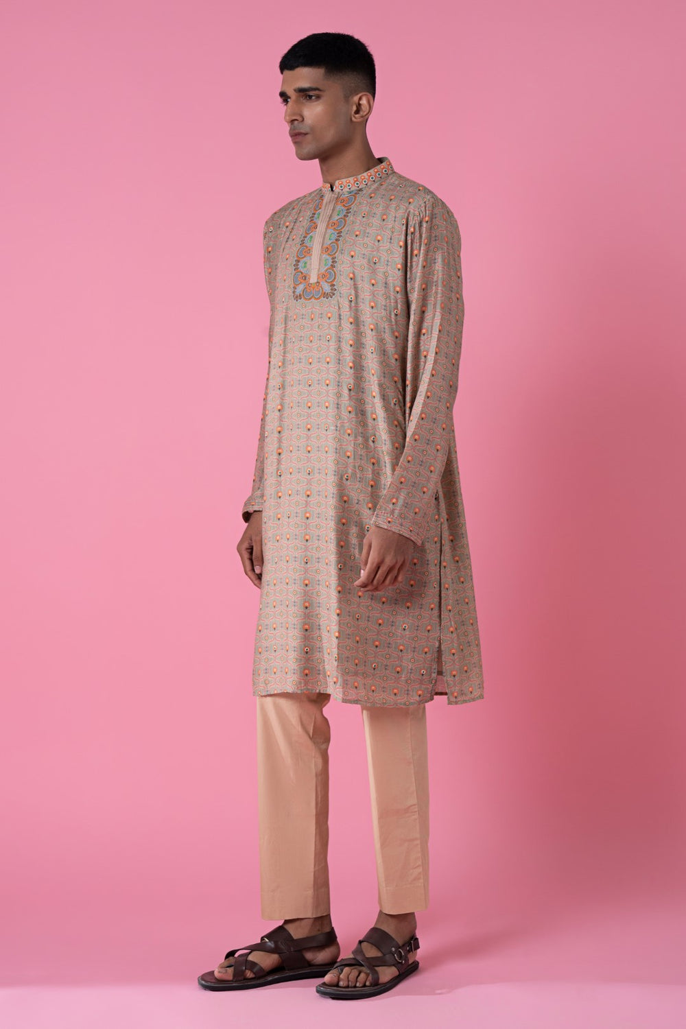 Country Side Beige Running Motif Embroidered Kurta-Siddhartha Bansal
