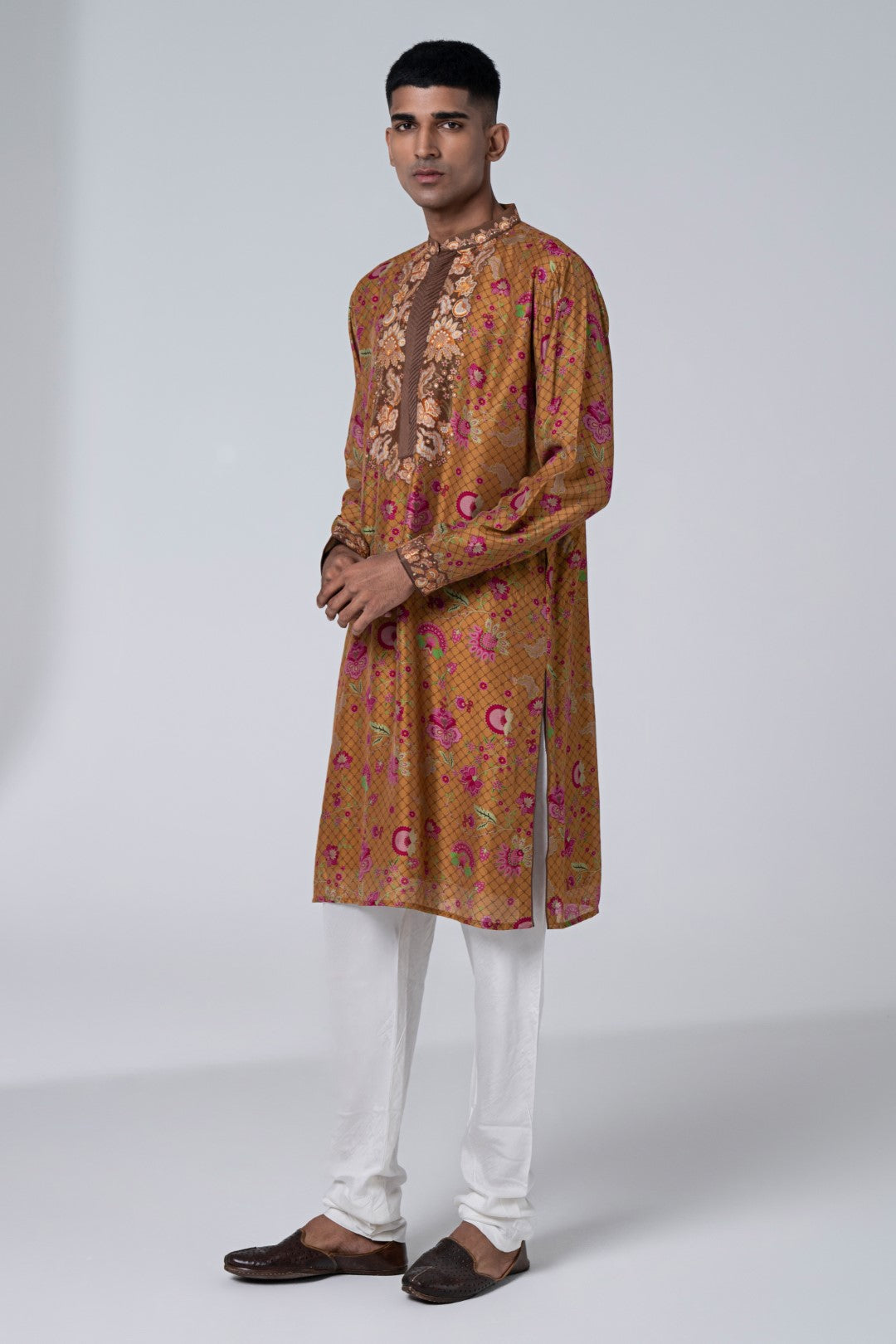 Dark Almond Brown Embroidered Kurta Set-Siddhartha Bansal
