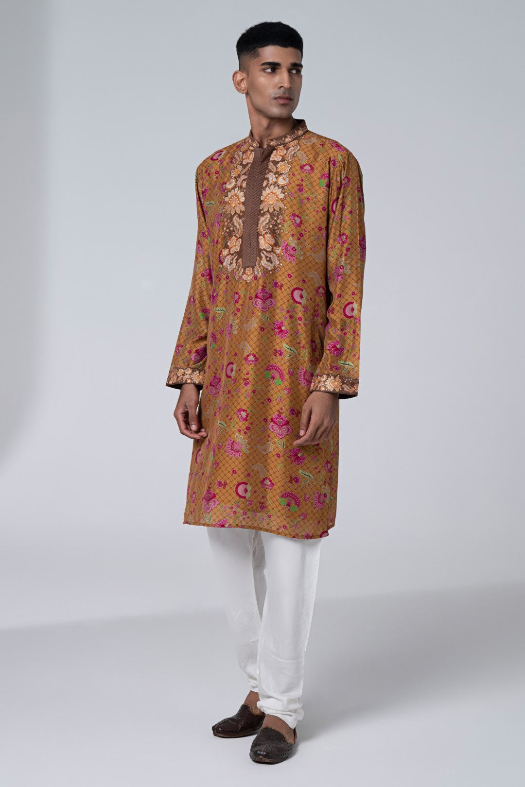 Dark Almond Brown Embroidered Kurta Set-Siddhartha Bansal