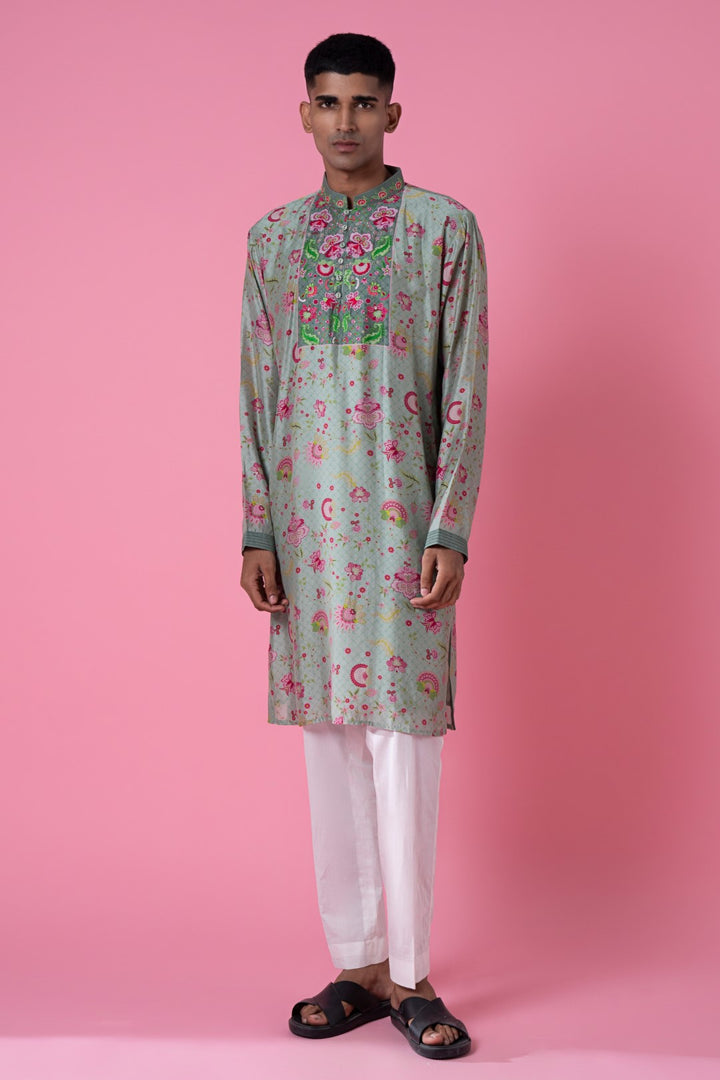 Mint Sage Green Embroidered Kurta Set-Siddhartha Bansal