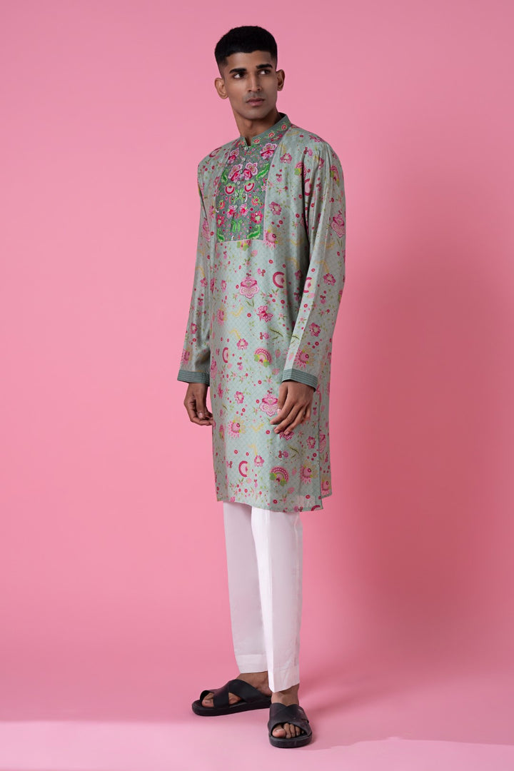 Mint Sage Green Embroidered Kurta Set-Siddhartha Bansal