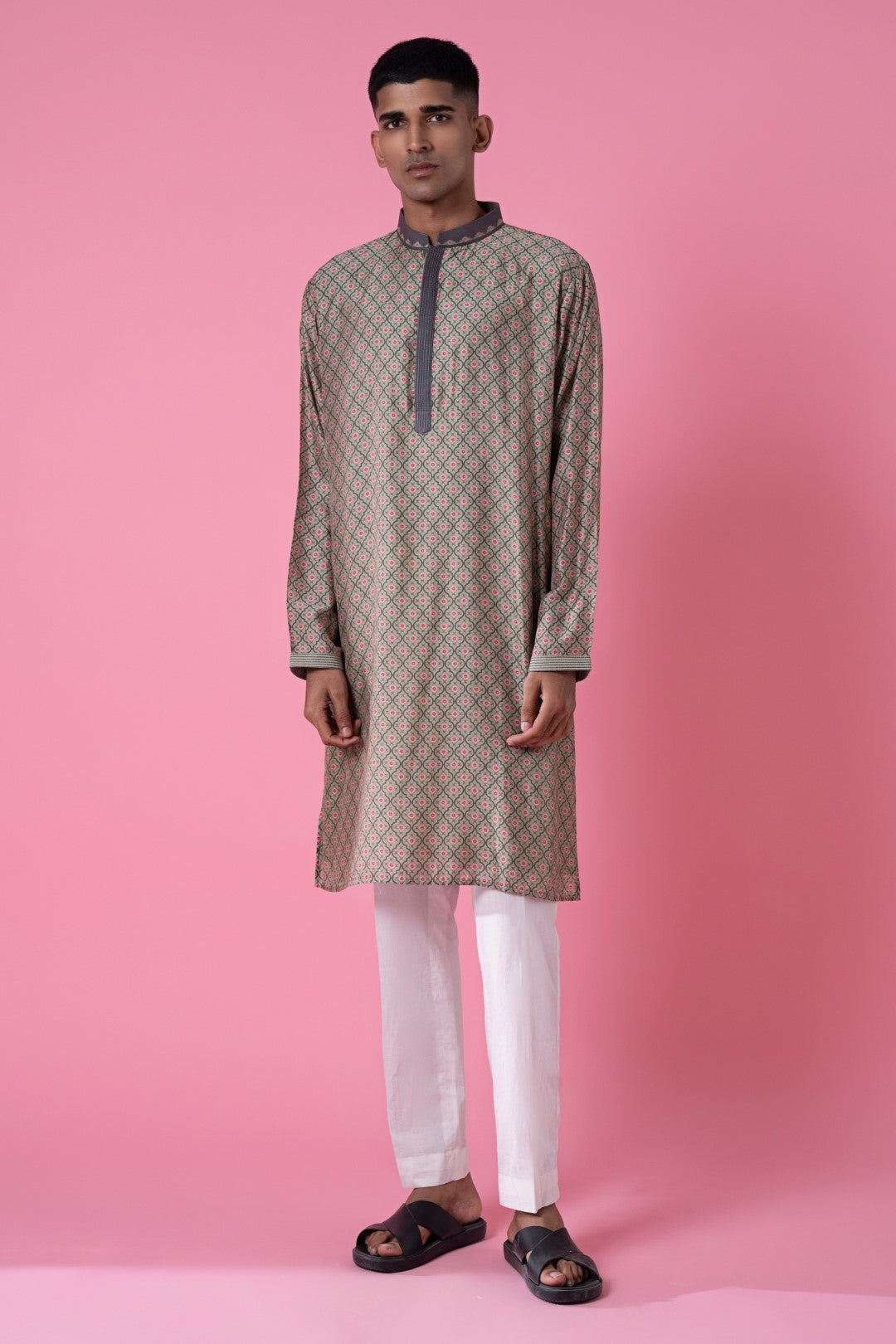 Grey Self Printed Embroidered Kurta-Siddhartha Bansal