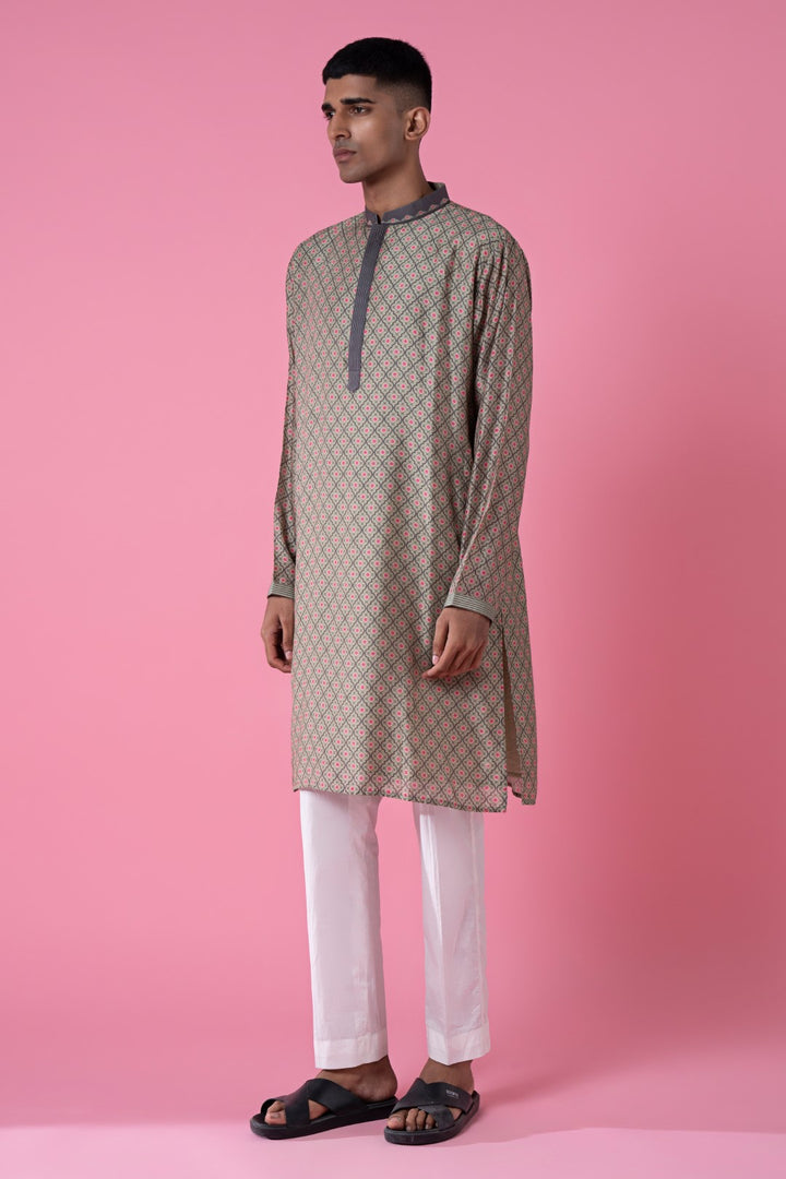 Grey Self Printed Embroidered Kurta-Siddhartha Bansal