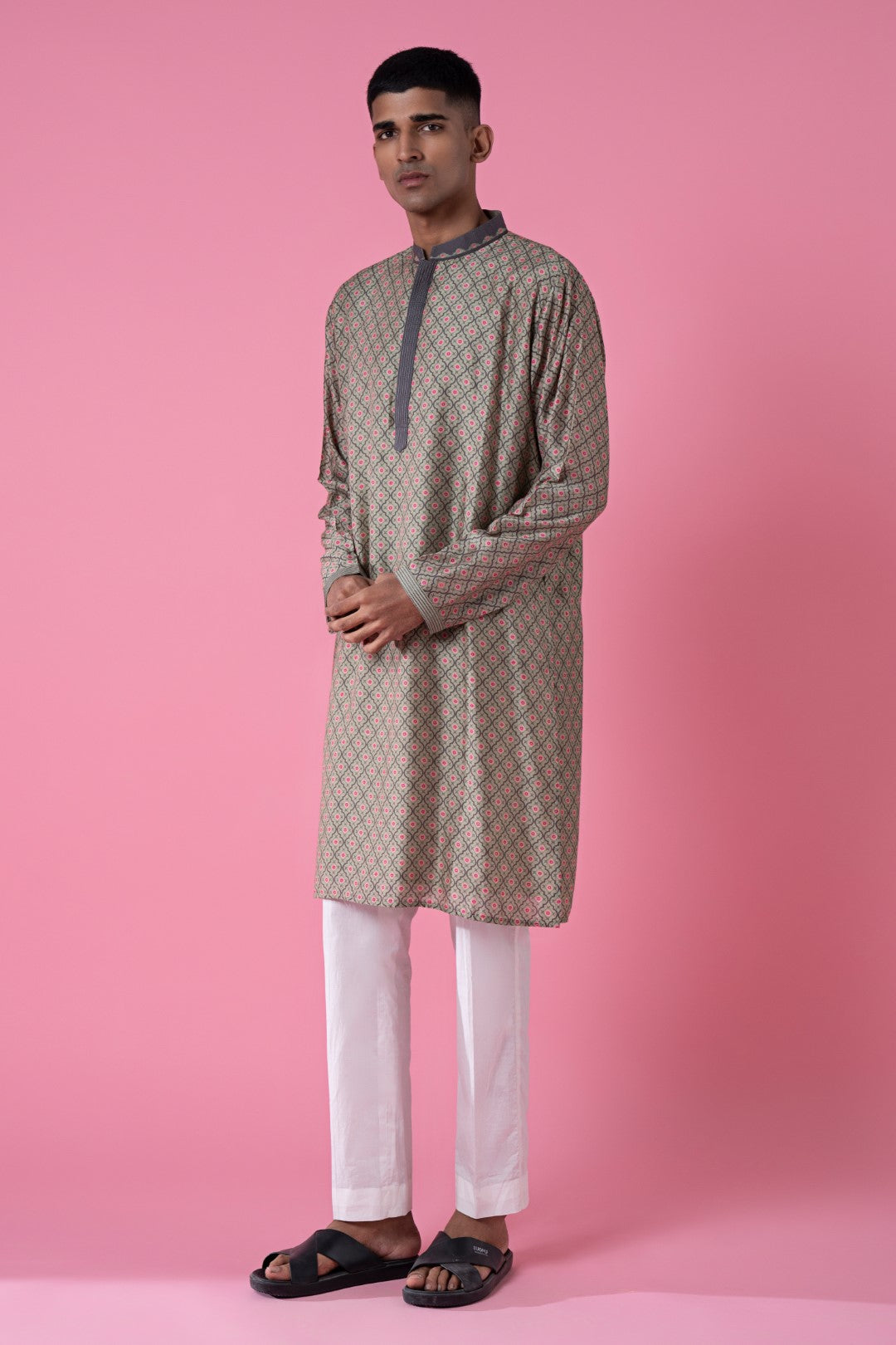 Grey Self Printed Embroidered Kurta-Siddhartha Bansal
