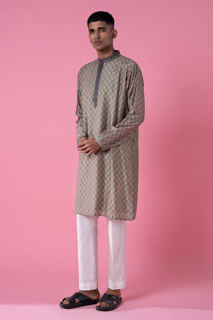 Grey Self Printed Embroidered Kurta-Siddhartha Bansal