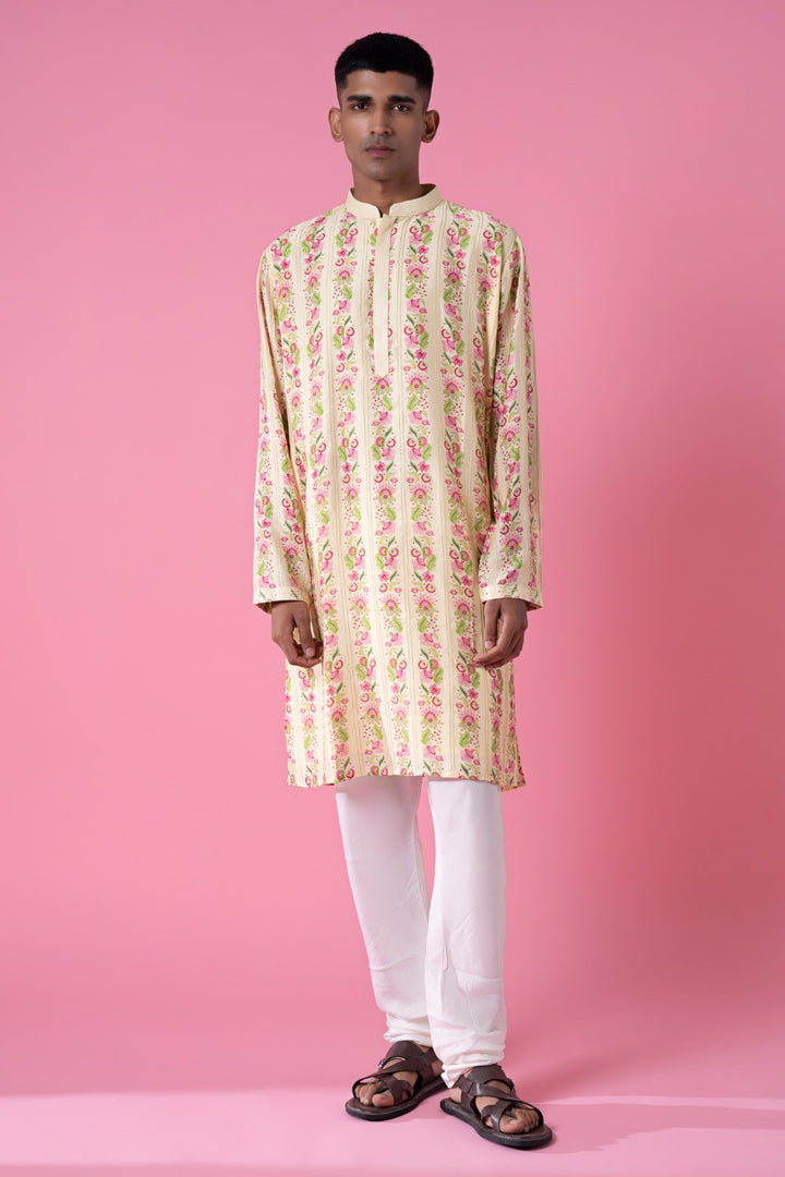 Wild Flower Border Stripes Print Kurta Set-Siddhartha Bansal