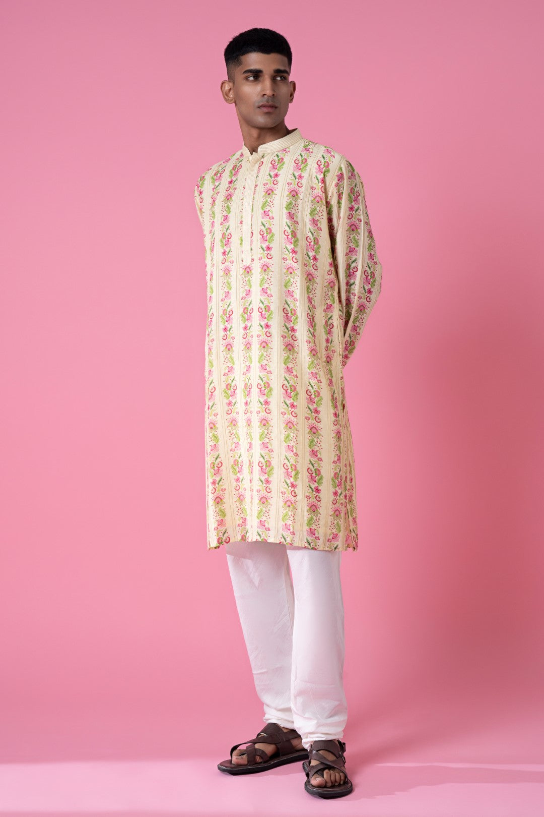 Wild Flower Border Stripes Print Kurta Set-Siddhartha Bansal