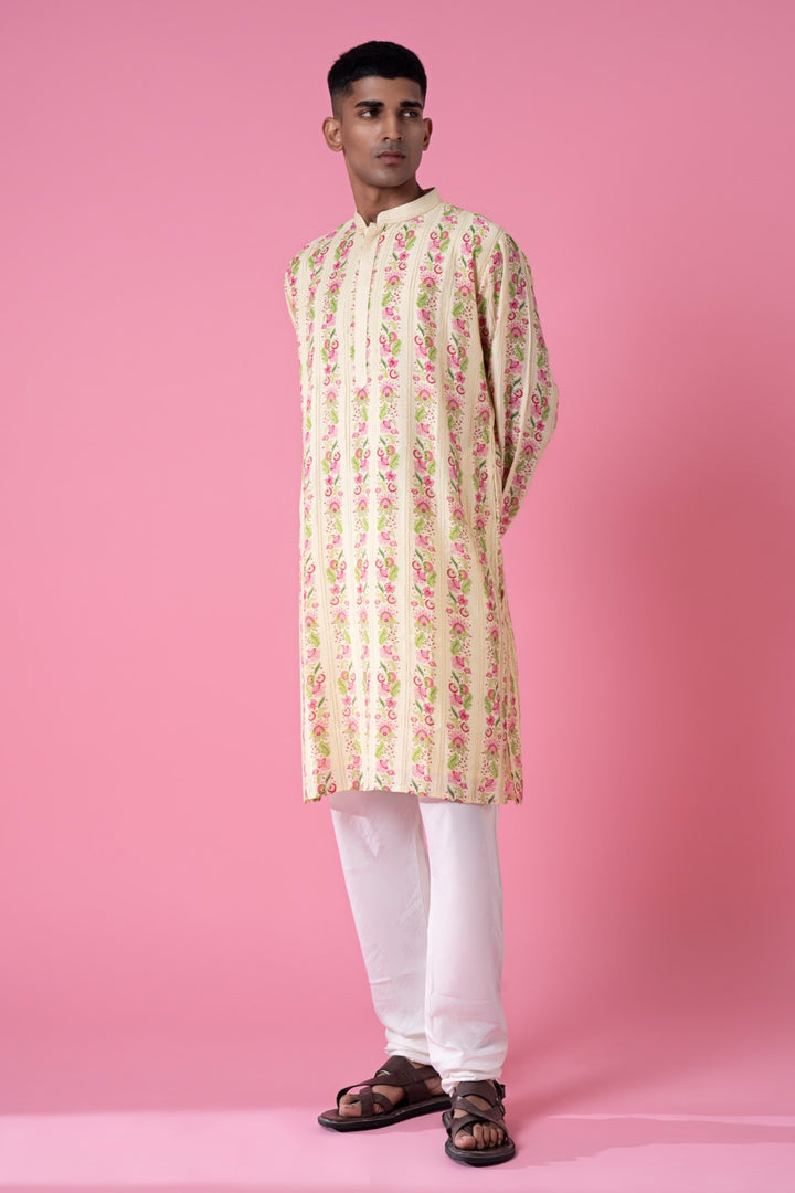 Wild Flower Border Stripes Print Kurta Set-Siddhartha Bansal