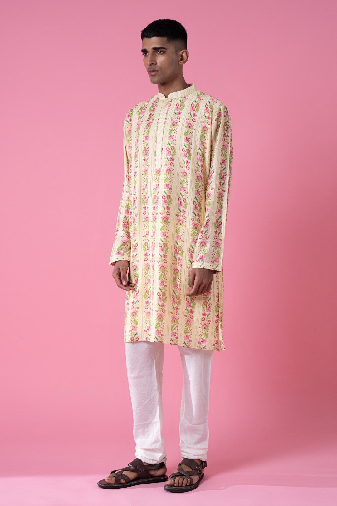 Wild Flower Border Stripes Print Kurta Set-Siddhartha Bansal