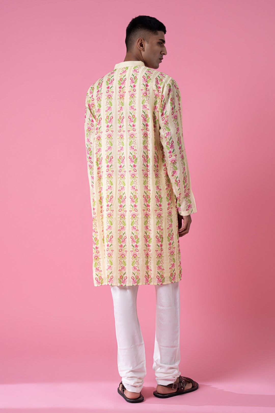 Wild Flower Border Stripes Print Kurta Set-Siddhartha Bansal