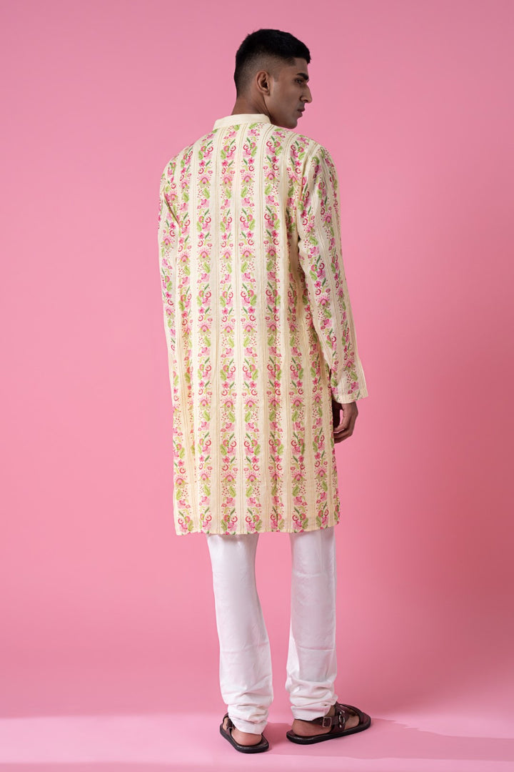 Wild Flower Border Stripes Print Kurta Set-Siddhartha Bansal