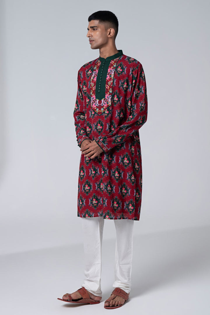 Burgundy Royal Chintz Embroidered Kurta-Siddhartha Bansal