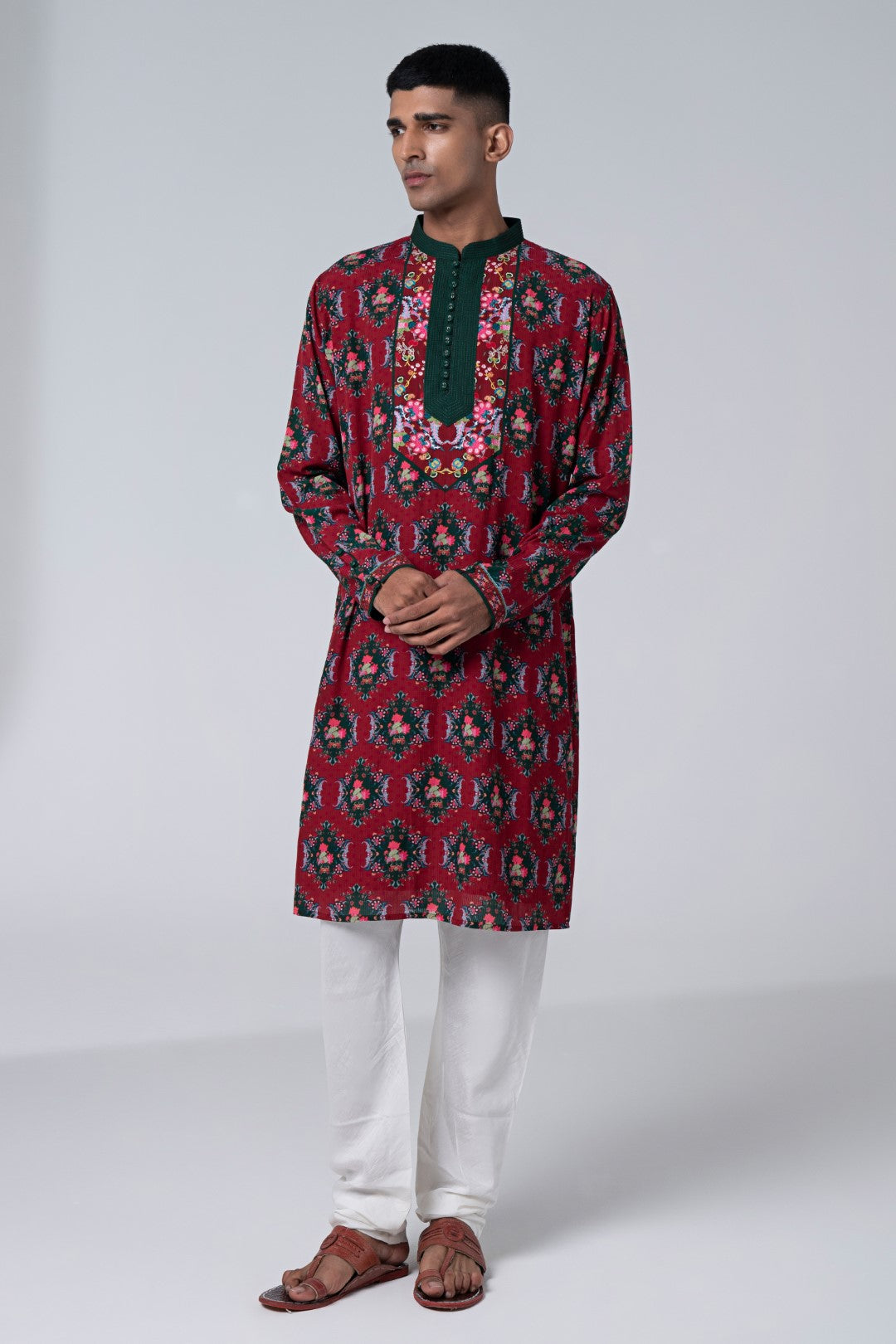 Burgundy Royal Chintz Embroidered Kurta-Siddhartha Bansal