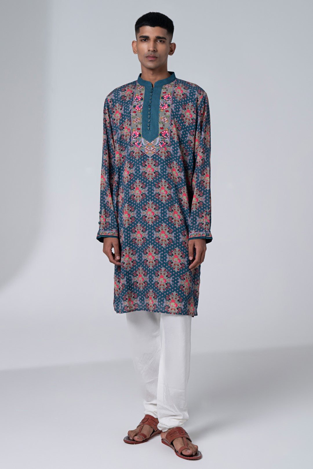 Mulberry Grey Royal Paisely Embroidered Kurta Set-Siddhartha Bansal