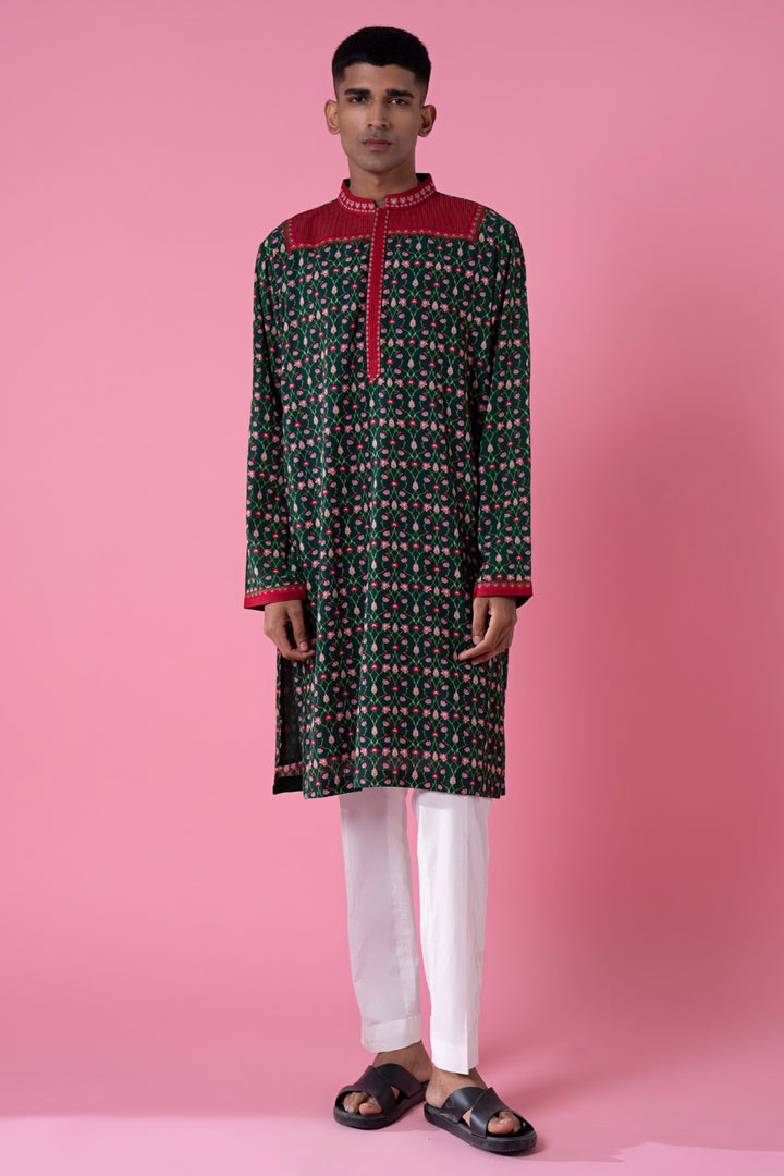Midnight Pine Green Embroidered Kurta-Siddhartha Bansal