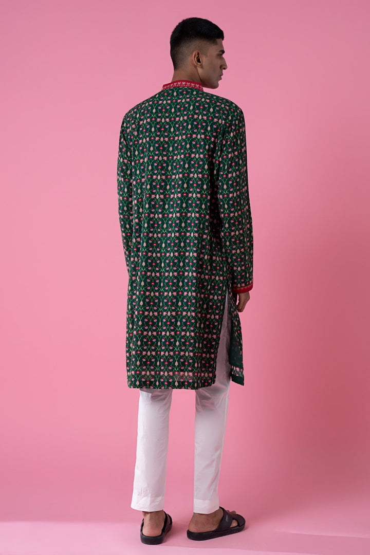 Midnight Pine Green Embroidered Kurta-Siddhartha Bansal