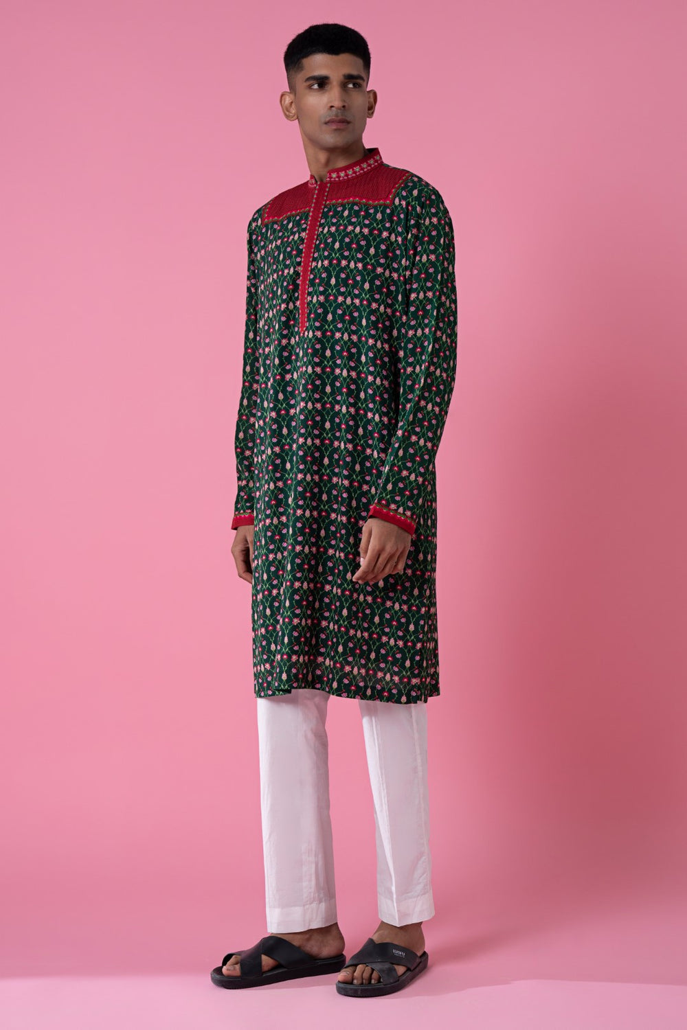 Midnight Pine Green Embroidered Kurta-Siddhartha Bansal