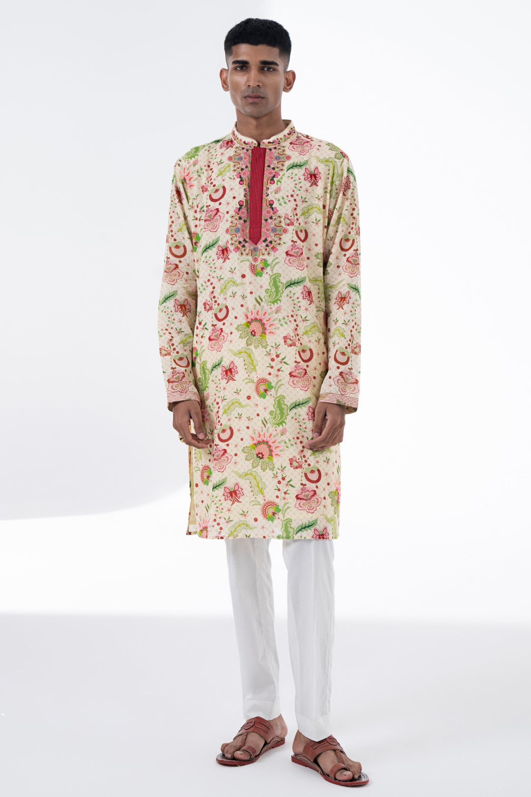Coral Shell Ivory Wild Flower Embroidered Kurta Set-Siddhartha Bansal
