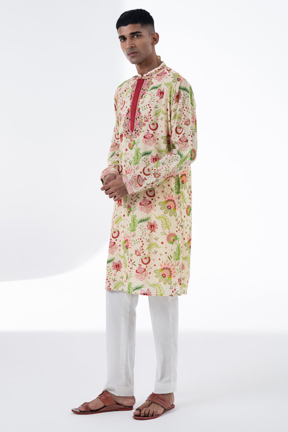 Coral Shell Ivory Wild Flower Embroidered Kurta Set-Siddhartha Bansal