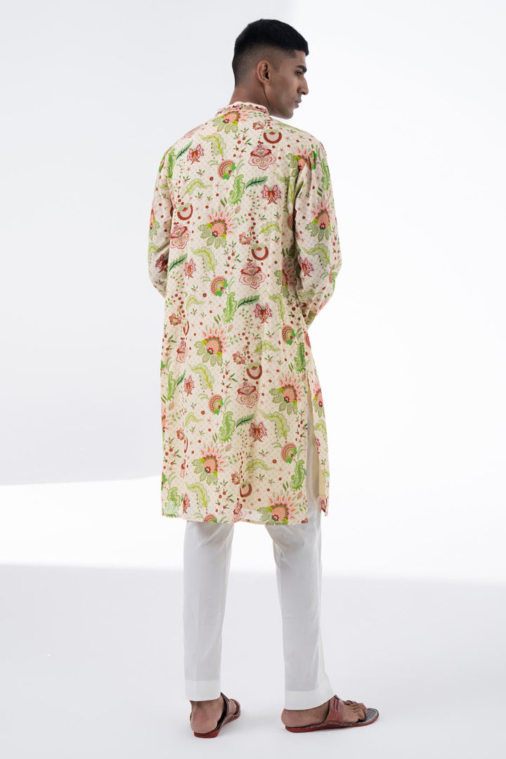 Coral Shell Ivory Wild Flower Embroidered Kurta Set-Siddhartha Bansal