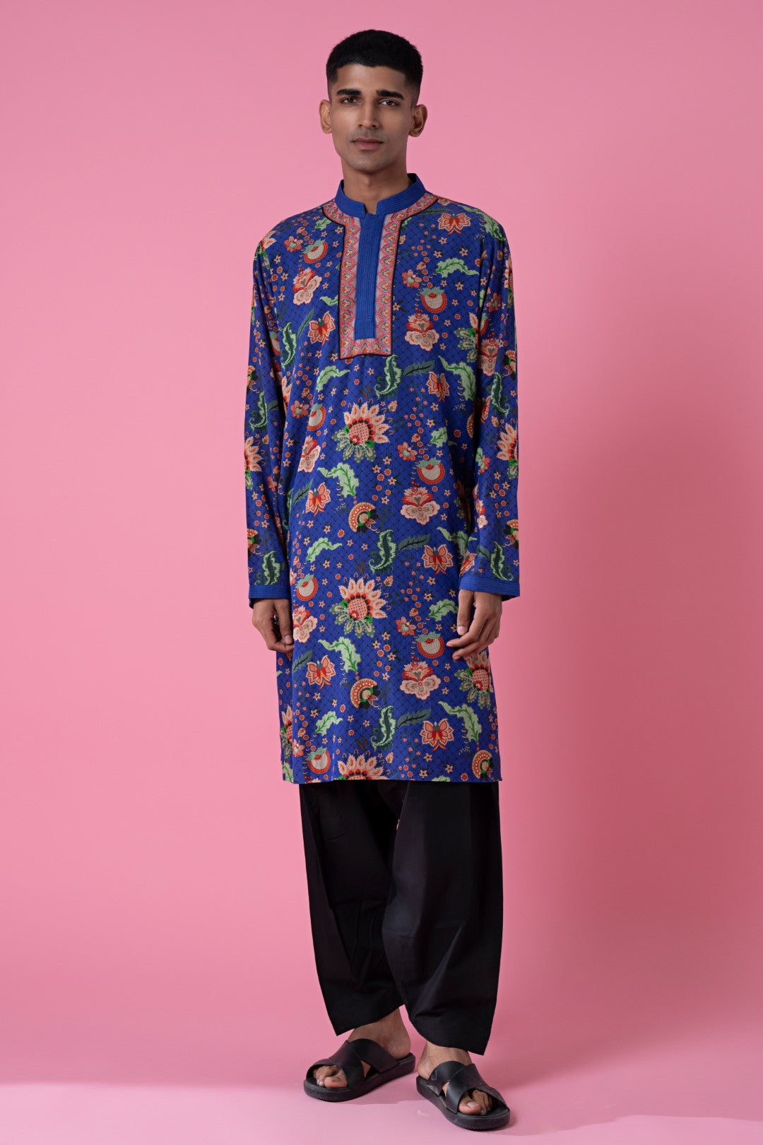 Monsoon Midnight Blue Wild Flower Embroidered Kurta Set-Siddhartha Bansal