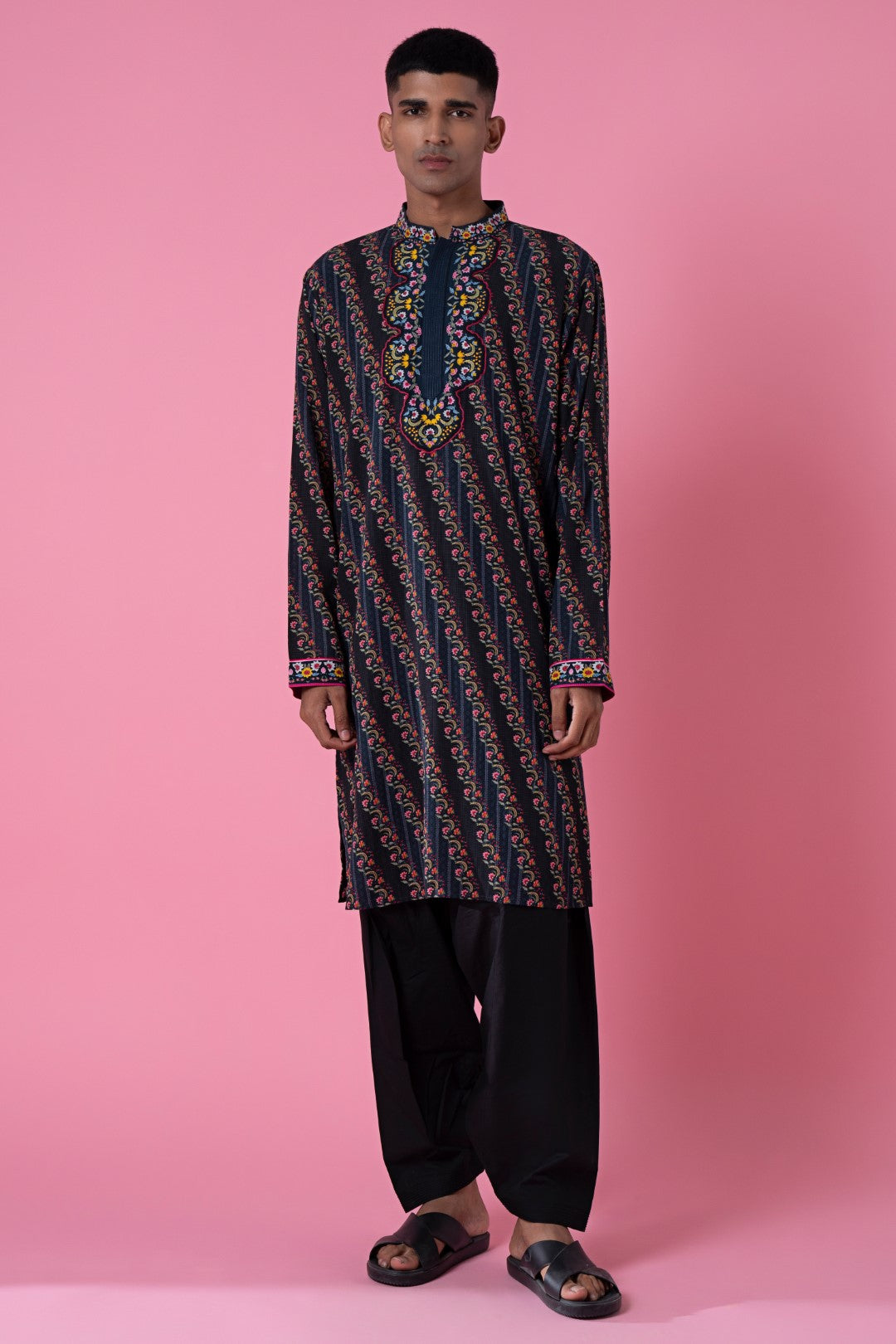 Mystic Dream Charcoal Grey Royal Chintz Embroidered Kurta-Siddhartha Bansal