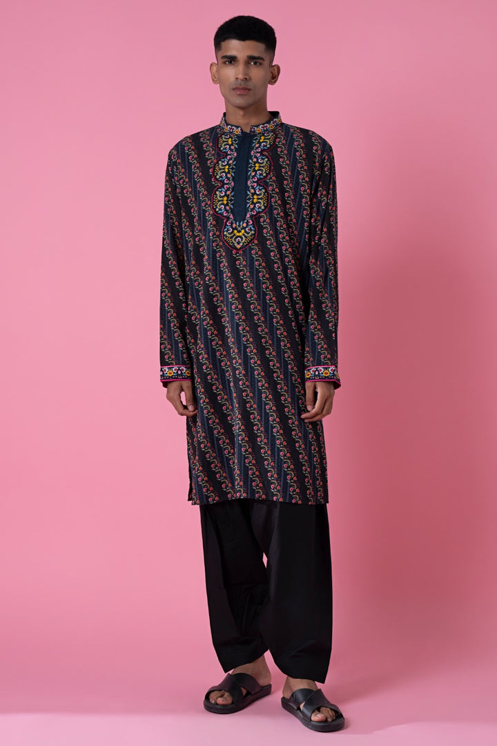 Mystic Dream Charcoal Grey Royal Chintz Embroidered Kurta-Siddhartha Bansal