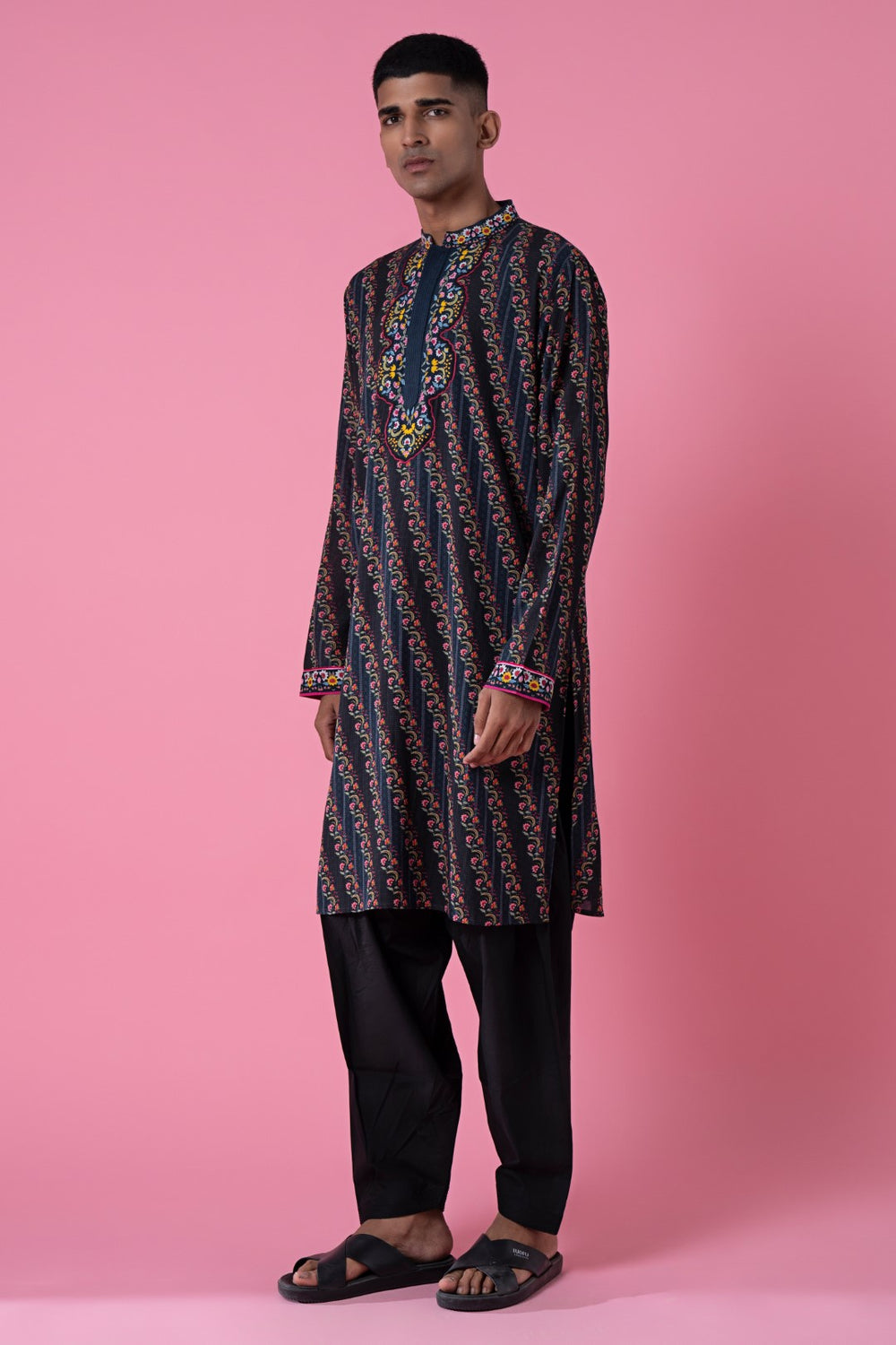 Mystic Dream Charcoal Grey Royal Chintz Embroidered Kurta-Siddhartha Bansal