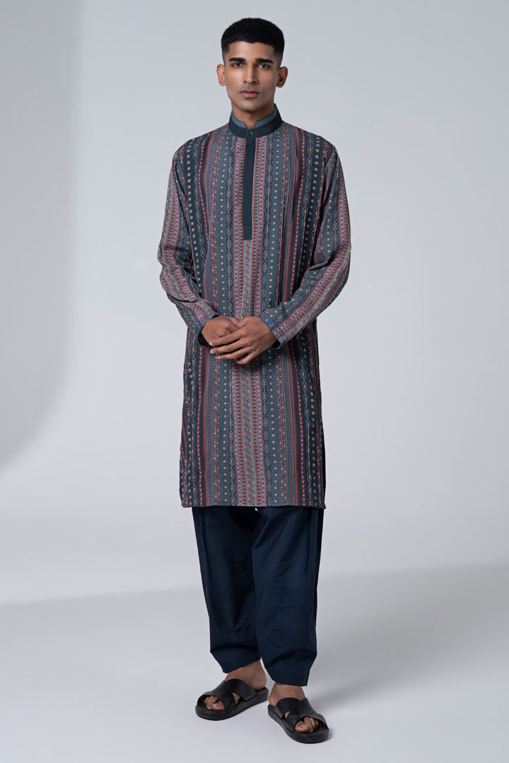 Autmn Shower Grey Dixy Stripe Embroidered kurta-Siddhartha Bansal