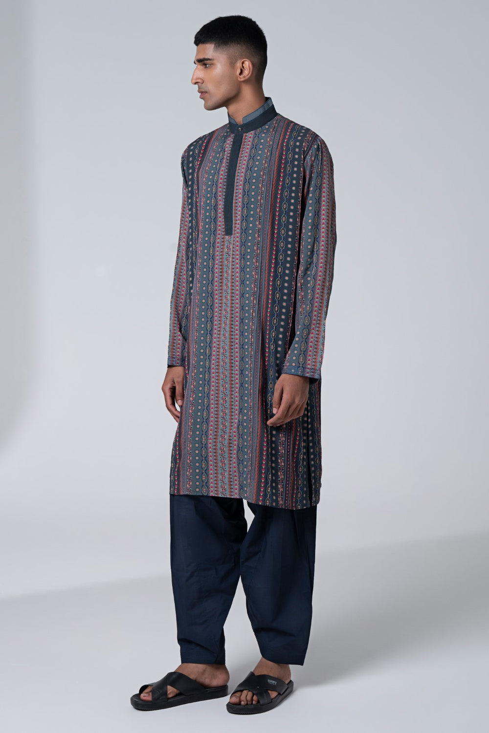 Autmn Shower Grey Dixy Stripe Embroidered kurta-Siddhartha Bansal