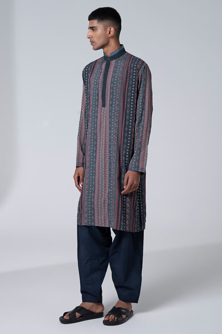 Autmn Shower Grey Dixy Stripe Embroidered kurta-Siddhartha Bansal